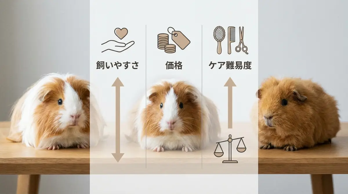 【比較表】巻き毛モルモットの飼いやすさ・価格・ケア難易度